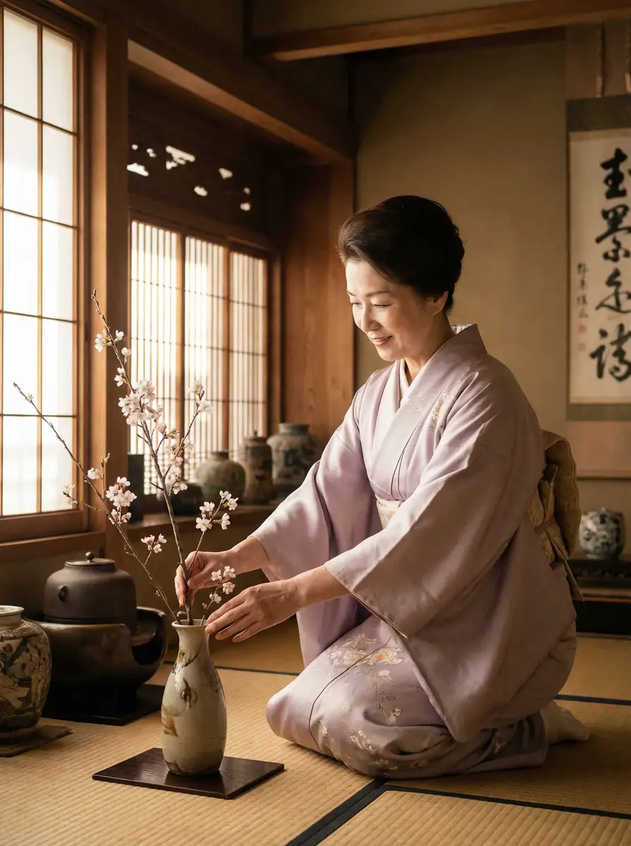 一位优雅的 澳门永利平台 在和室中插花
